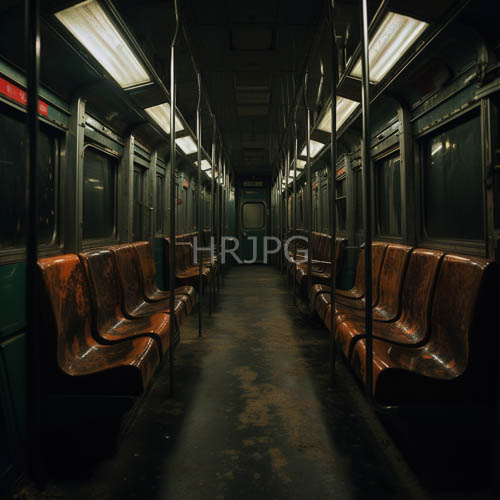 subway train interior linear formations cast cool fluorescent light on worn brown surfaces