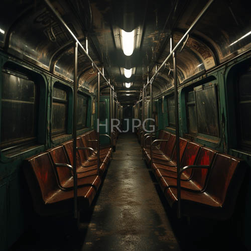 decades of use on aged brown leather seats in a dimly lit subway car