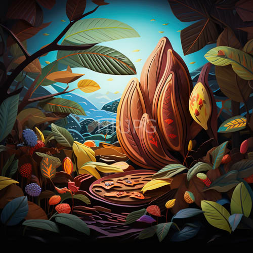 multicolored foliage surrounds intricate patterns on massive frondlike leaves in a dense jungle clearing