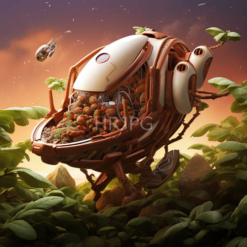 sculpted robot frames float amidst sunlit forest glen with succulent leaves and rugged rocks