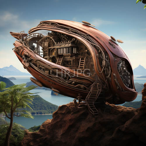 mountain lake floating houseboat showcases intricate coppercolored architectural marvel under blue skies