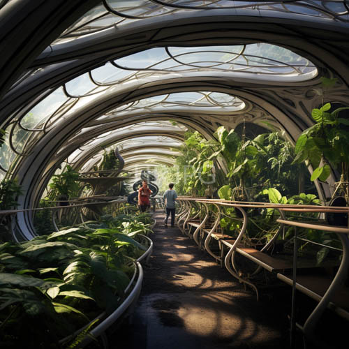 curved glass greenhouse encloses lush tropical plant collections under metal ribs in sunlight