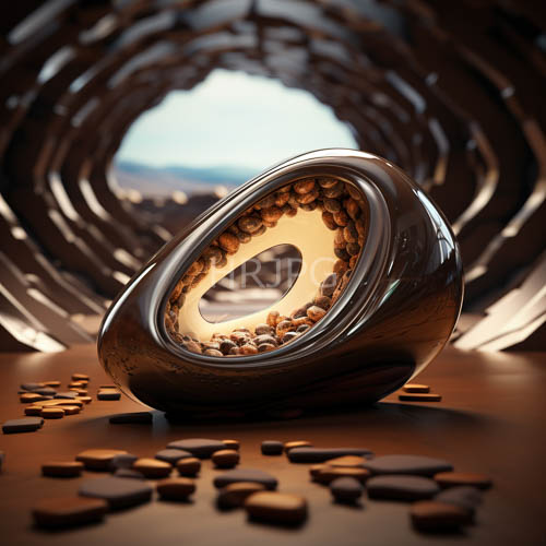 polished metal oval sculptures on wooden tabletop with textured pebbles and blurred tunnel background