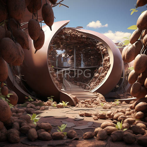 organic pod structures merge into jagged rock formations under clear skies