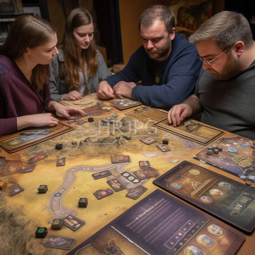 fantasy board game strategies unfold on rustic wooden table in warmly lit room