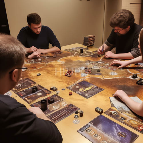 tabletop strategy sessions unfold amidst muted brown wooden tabletop scenes