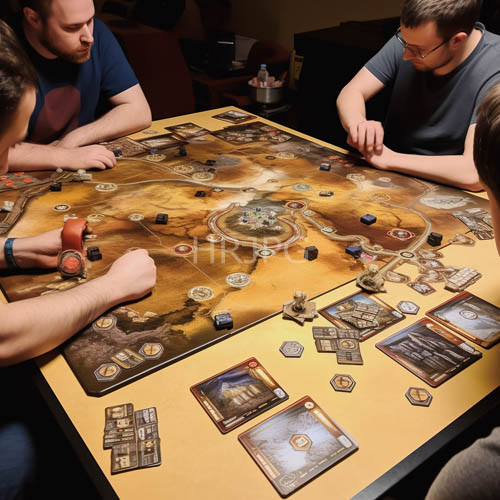 casual strategy game players focus intently on complex tabletop landscape on yellow game board