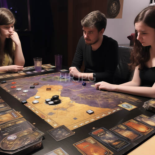 young adults immersed in intricate tabletop game under moody overhead lighting
