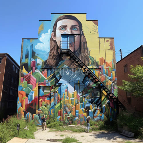 urban building facade transformed with highly realistic street art mural display