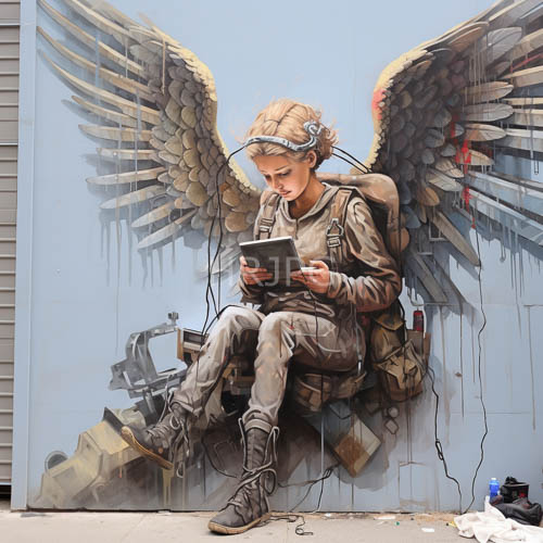 angelic winged boys discover ancient lore on tablets amidst urban machinery