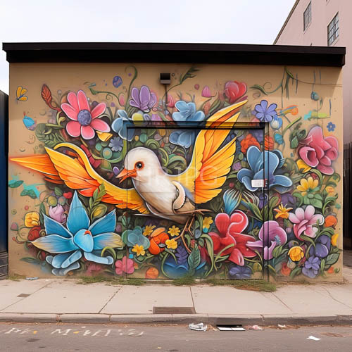 bird wings dominate urban brick wall with dense cluster of blooming flowers and textured beige paint