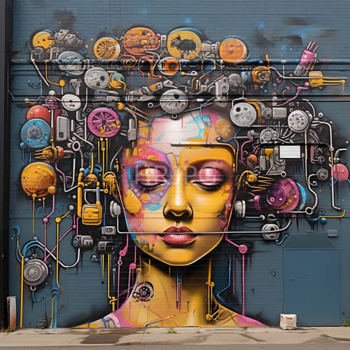 High Resolution: Industrial Mural of Closed Eyes in Mechanical Labyrinth on Rich Blue Wall download. | HRJPG.com