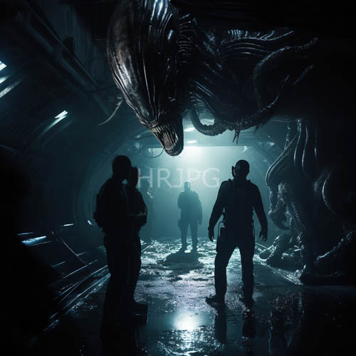alien spaceship corridor fills with ominous shadows on wet flooring