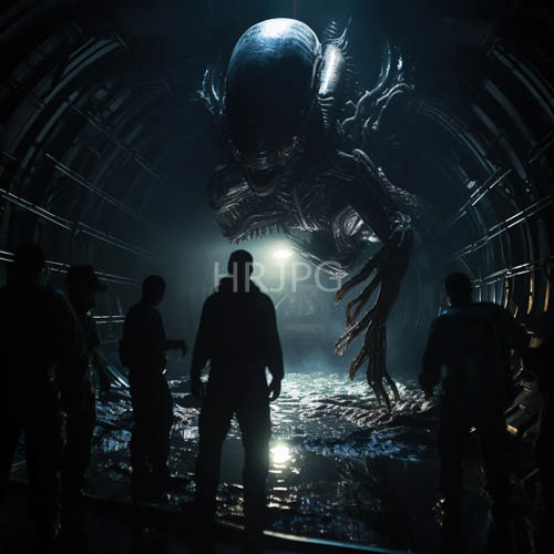 aliens industrialized spaceship confrontation amidst muted atmospheric lighting