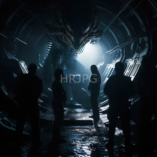 industrial corridors in deep blue lighting host a tense scifi encounter with silhouetted human figures and a menacing alien presence