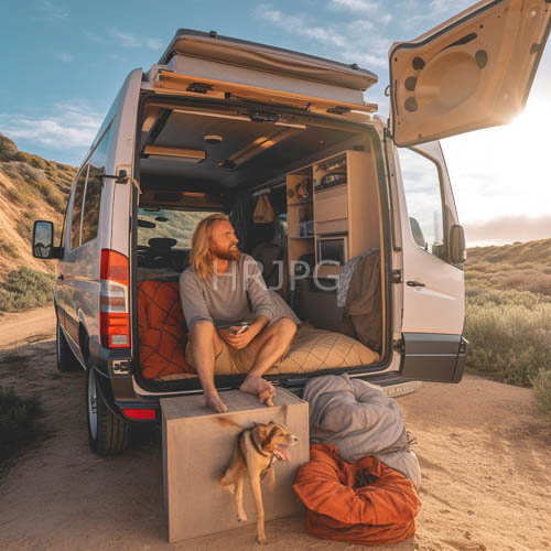 blonde woman relaxes in mobile living space near desert landscape at golden sunset