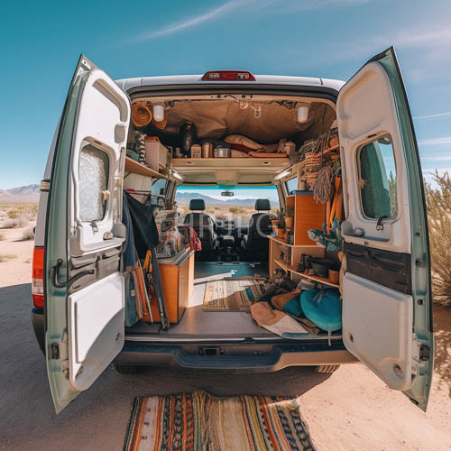 camping supplies neatly filing on builtin shelves inside white van interior under clear blue desert sky