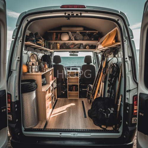 utilized rear cargo hold of adventure van with organized shelving and hanging gear