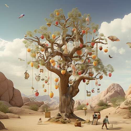 twisted desert tree supports vibrant balloons and adventurers under clear skies