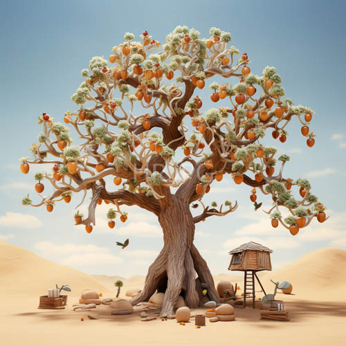 fertile desert landscape with ripe fruits and thatched huts under clear blue skies