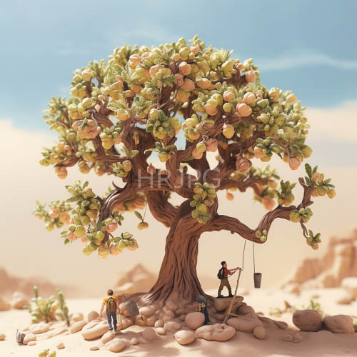 fruit laden desert tree dwarfs human foragers in an expansive blue sky