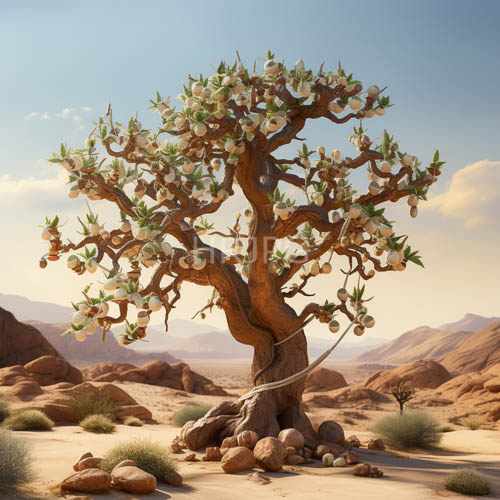 High Resolution: Majestic Desert Tree Thrives Amidst Rocky Terrain Under Clear Blue Sky download. | HRJPG.com