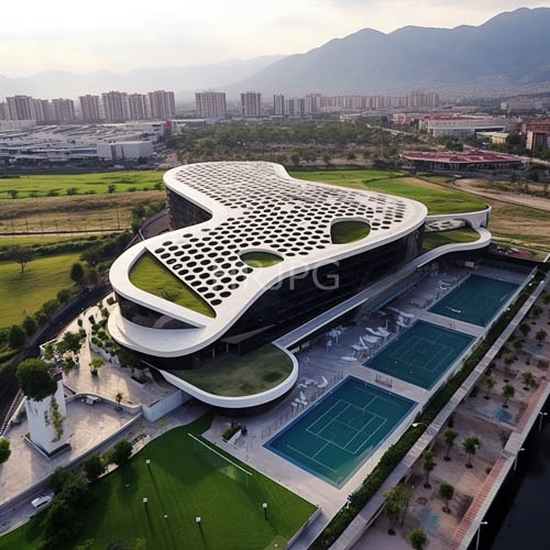 modern sports facility with latticed roof and vibrant blue tennis courts at sunset