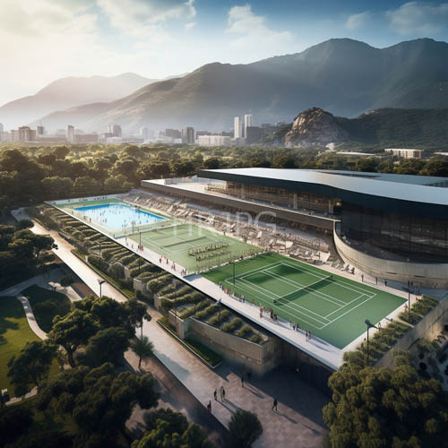 modern sports complex fuses infinity pools with pristine tennis courts and mountainous backdrops