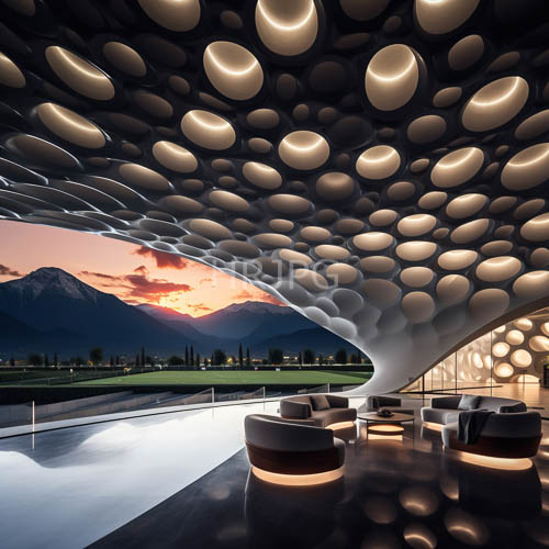 avantgarde lounge spaces feature ceiling bubbles illuminated by builtin lights and minimalist seating