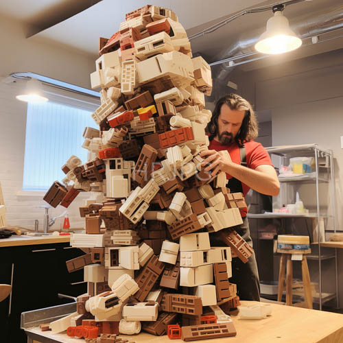 massive lego structure emerges from meticulous brickwork in cozy workshop environment