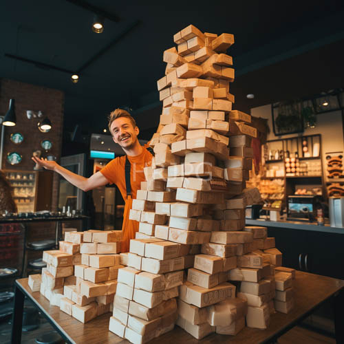 contemporary coffee shop setting features young man in orange shirt amidst modernist metropolitan backdrop with wooden table and pendant lights