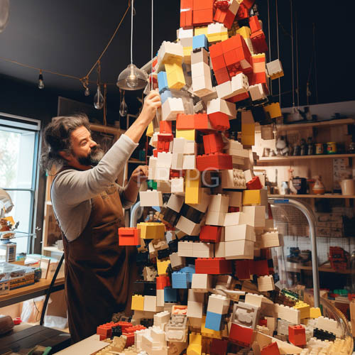 High Resolution: LEGO builder focuses intensely on constructing modular block architecture in cluttered workshop download. | HRJPG.com