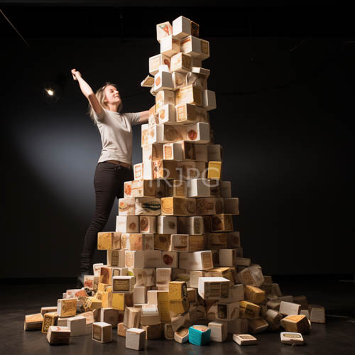 young woman balancing atop colorful cube tower in dimly lit room setting
