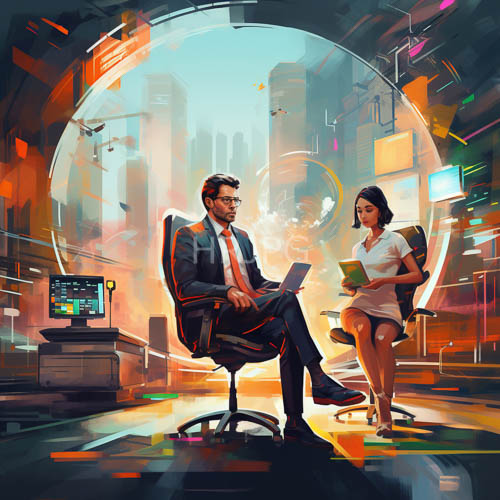 male professional in black suit reviews data in futuristic corporate suite with cityscape