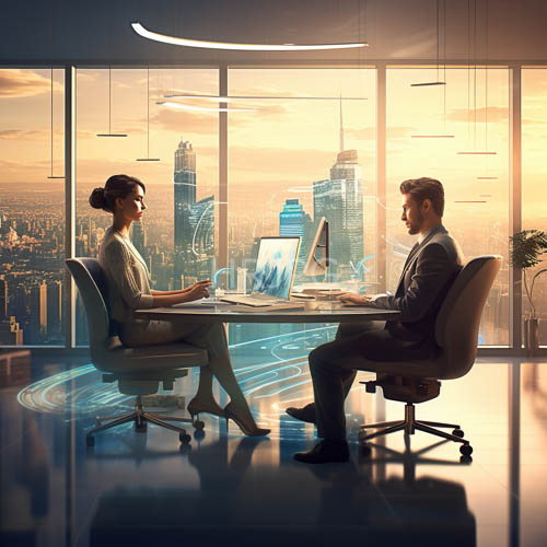 skyscrapers are silhouetted against an orange city sunset from a floortoceiling glass wall