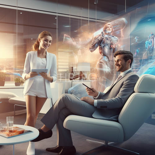 female holograms interact with corporate leadership in modern glasswalled office suite