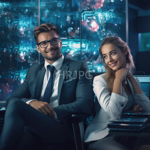 smiling professionals in glasswalled office amidst city night lights