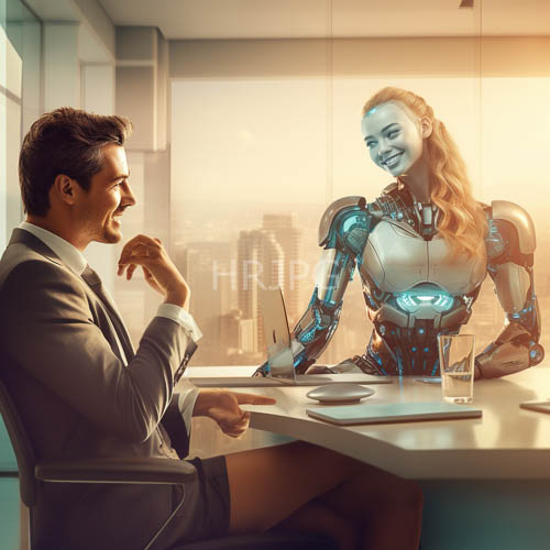 metallic blue androids engage in collaborative meeting with human professional in sunlit office