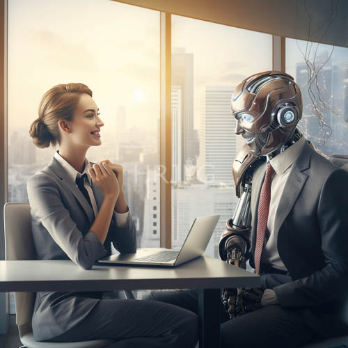 collaborative workplace of human professional and robot in highrise office setting