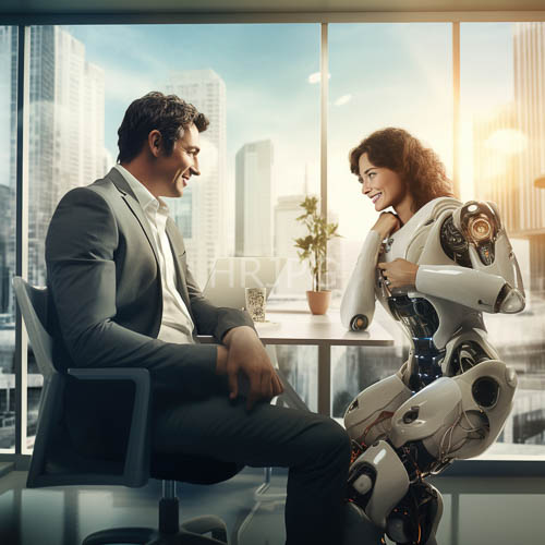 female exoskeleton suit worn by professional in gray corporate setting amidst city skyscrapers at sunset