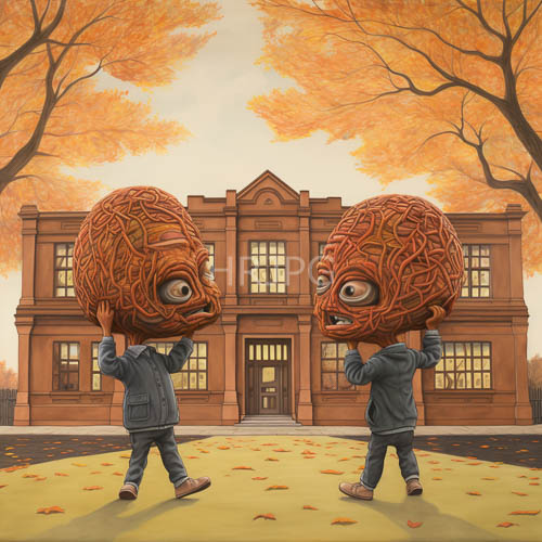 childlike figures adorned with veincovered brain structures stand before institutional brick facade amidst autumn decay