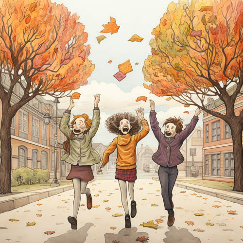High Resolution: Autumn Street Celebrating Youthful Euphoria with Diverse Friends download. | HRJPG.com
