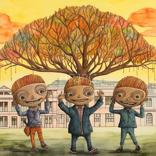 autumnal watercolor scenes depicting exaggerated children before ornate tree amidst rich sky