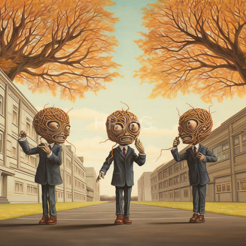corporate attire on humanoid figures with brainlike heads in an urban setting amidst autumn trees