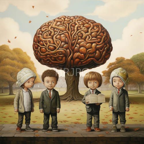 autumn skies loom over formal boys on stone pavement next to unusual tree with brainlike roots