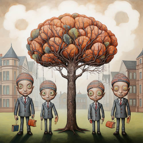formal gray suits and striped winter hats adorn four wideeyed boys standing in a row with an oversized tree