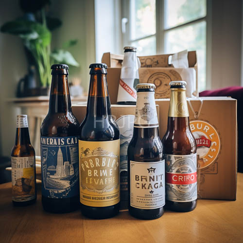 High Resolution: Six Artisanal Beer Bottles on Dark Wooden Table Arrangement download. | HRJPG.com