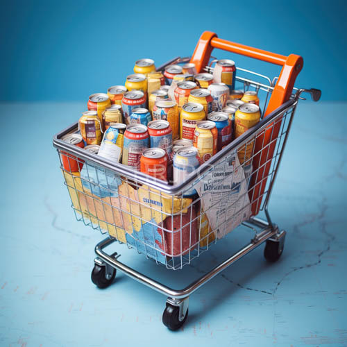 blue floors cracked with orangehandled silver shopping cart amidst colorful sodas and beers on blue background