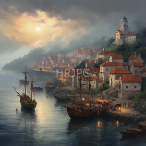High Resolution: Misty coastal hamlets come alive at sunset amidst rugged stone houses and rocky shores download. | HRJPG.com