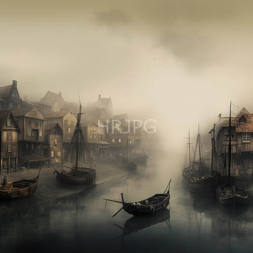 medieval harbors enveloped in rolling sea fog and muted wooden architecture